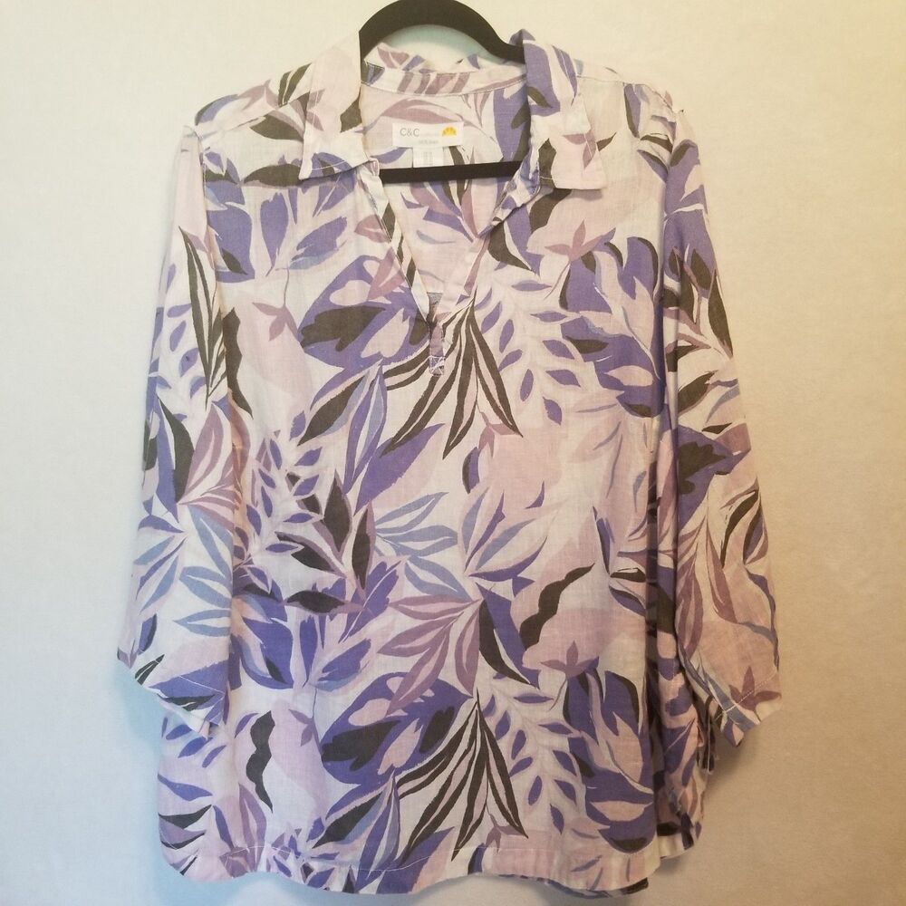 C&C California 1X Shirt 100% Linen Purple Floral Lagenlook Boho Artsy Beachy